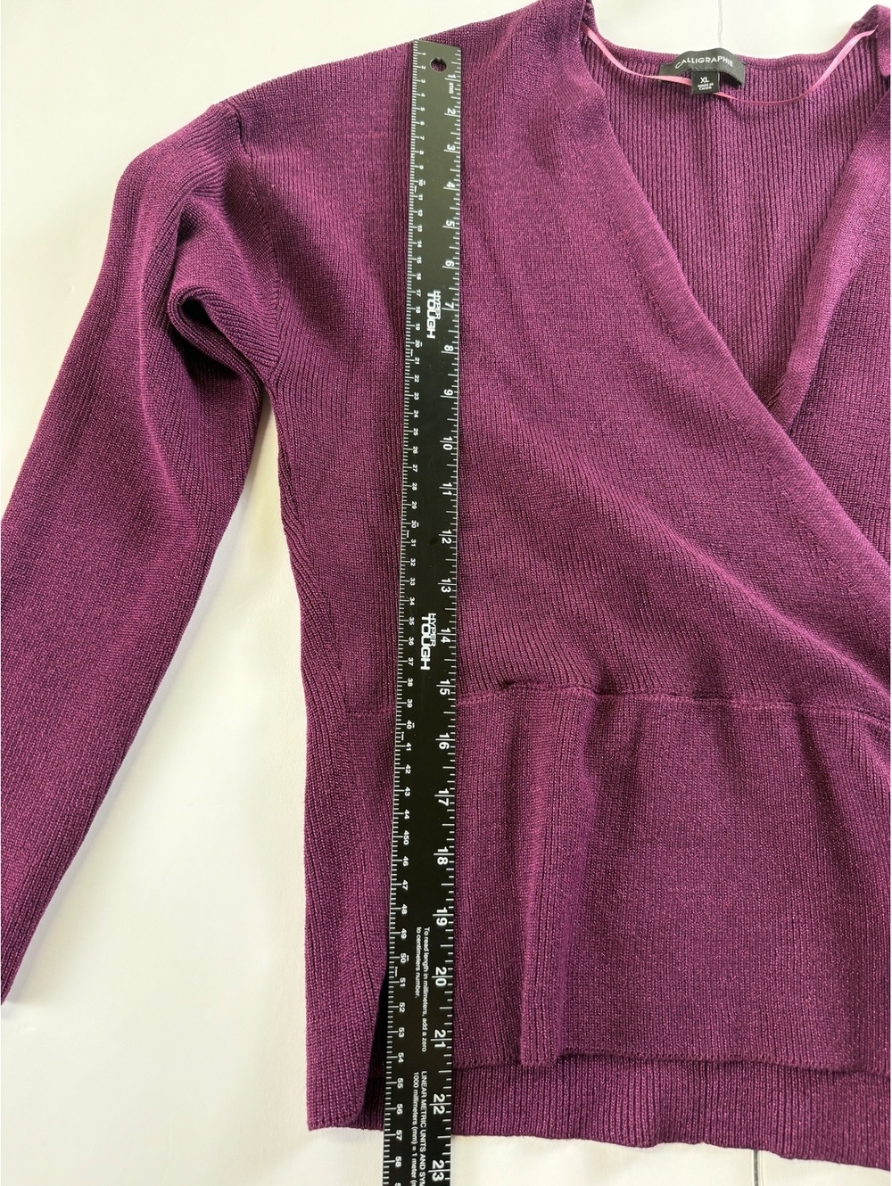 Calligraphie Women XL Plum Metallic Lurex Wrap Peplum Sweater Top NWT - Picture 7 of 9